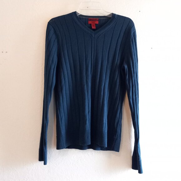 Dark Teal Merino Wool Blend V Neck Sweater 90s Minimalist Academia Classic - Picture 2 of 14